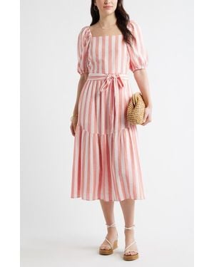 Caslon Stripe Puff Sleeve Tiered Midi Dress