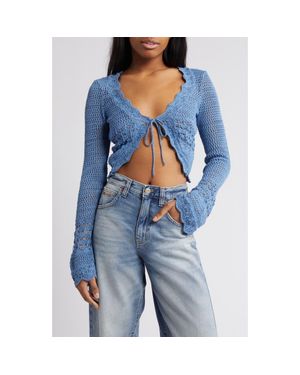 BDG Open Stitch Tie Front Crop Cardigan - Blue