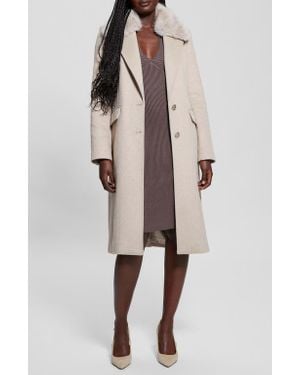 Guess Nancy Coat With Removable Faux Fur Collar - Natural