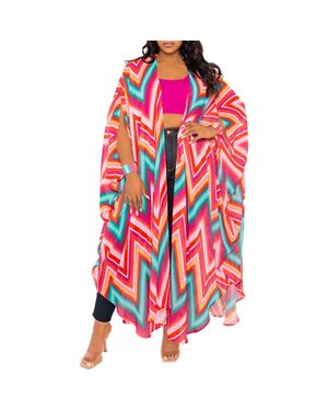 Buxom Couture Chevron Print Chiffon Robe With Wrist Bands - Red