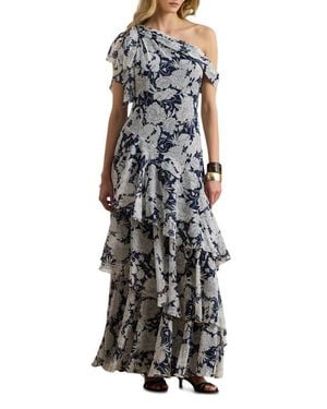 Ralph Lauren Kanerite Crinkle One-Shoulder Tiered Maxi Cocktail Dress - Multicolor