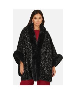 Yumi' Textured Faux Fur Lined Cape - Black