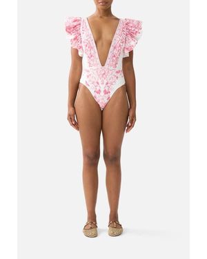 CAMILLA Plunge One Piece W Pleated Ruffle Sleeves - Multicolor