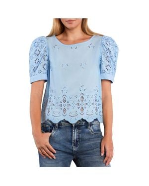 Billy T Halo Eyelet Puff Sleeve Cotton Blend Top - Blue