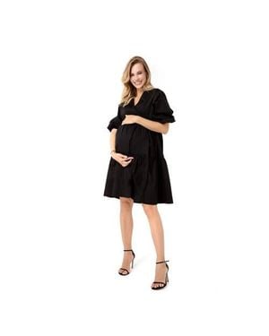 Accouchée Waterfall Tie Waist A-Line Maternity/Nursing Wrap Dress - Black