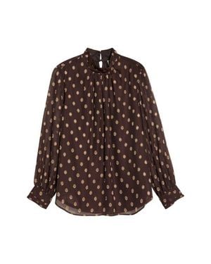 Anne Klein Shirred Collar Keyhole Front Long Sleeve Top - Brown