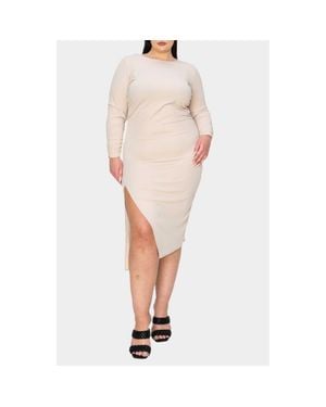 L I V D Bianca Open Back Side Slit Long Sleeve Stretch Dress - Natural