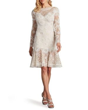Tadashi Shoji Rhinestone Embroidered Long Sleeve Cocktail Dress - Natural