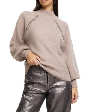 River Island Diamanté Fringe Mock Neck Sweater - Gray