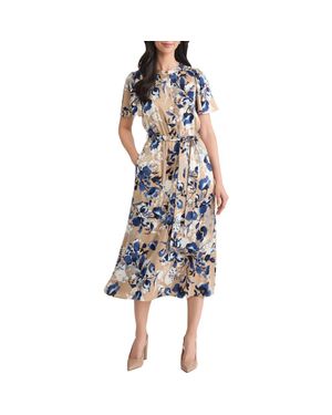 Kasper Print Flutter Sleeve Tie Waist Midi Dress - Blue
