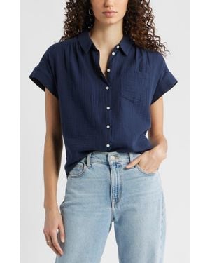 Caslon Cotton Gauze Button-Up Shirt - Blue
