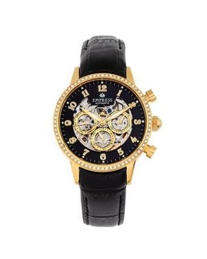 Empress Beatrice Automatic Skeleton Dial Leather-Band Watch With Day & Date - Metallic