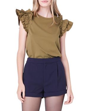 English Factory Ruffle Sleeve Mix Media Cotton Top - Blue