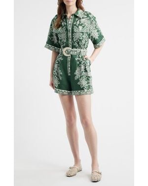 FARM Rio Miranda Belted Linen Utility Romper - Green