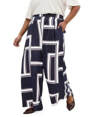 City Chic Hallie Print Pull-On Wide Leg Pants - Blue