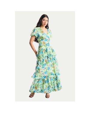 Warehouse Waist Puff Sleeve Tiered Midi Dress - Green