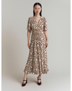 Ghost Minnie Crepe Printed Shirred Tea Dress - Natural