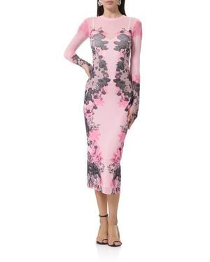 AFRM Ashland Print Long Sleeve Mesh Midi Dress - Pink