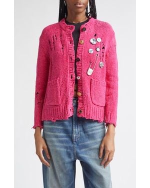 R13 Button Detail Ripped Cotton Cardigan - Pink