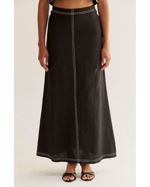 Crescent Embroidered Contrast Stitch Linen Maxi Skirt - Black