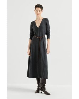 Brunello Cucinelli Cashmere Knit Dress With Belt And Monili - Black