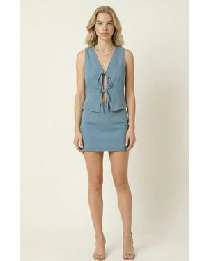 Modenaire Sleeveless Denim Vest Top With Tie Front Closure - Blue
