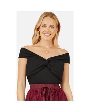 Yumi' Short Sleeve Knot Detail Bardot Top - Black