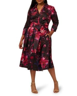Adrianna Papell Print Long Sleeve Taffeta Shirtdress - Red