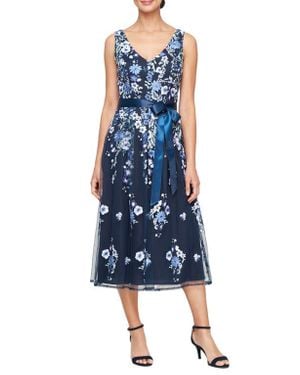 Alex Evenings Embroidered Mesh A-Line Cocktail Dress - Blue