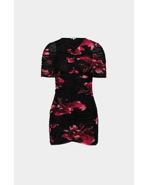 Saemdi Draped Floral Mini Mesh Dress - Black