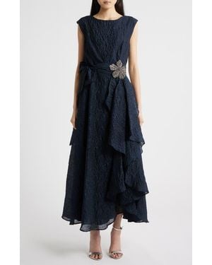 Tahari Beaded Flower Crinkled Taffeta Dress - Blue