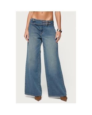 Edikted Double Buckle Low Rise Wide Leg Jeans - Blue