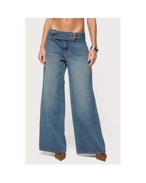 Edikted Double Buckle Low Rise Wide Leg Jeans - Blue
