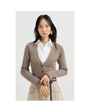 Brunello Cucinelli Sparkling Cashmere Lightweight Ribbed Cardigan - Gray