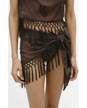 Mango Embroidered Fringe Miniskirt - Brown