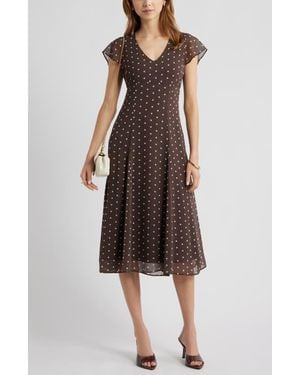 Open Edit Short Sleeve Godet Pleat Dress - Brown