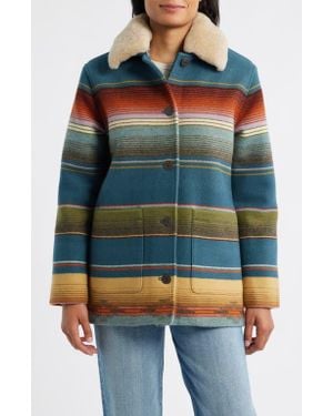 Pendleton Brownsville Virgin Wool & Cotton Coat With Genuine Shearling Collar - Blue