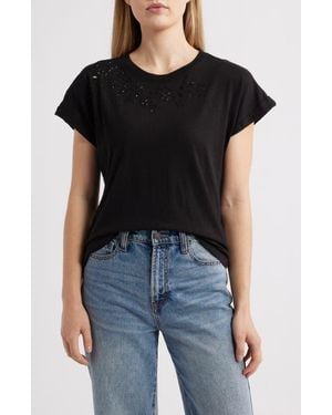Wit & Wisdom Embroidered Eyelet Cap Sleeve T-Shirt - Black