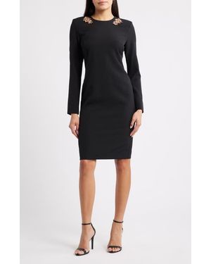 Anne Klein Rhinestone Long Sleeve Sheath Dress - Black