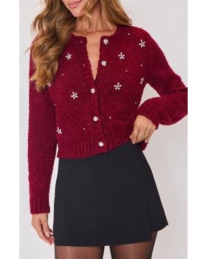 Vici Collection Escape Embellished Bouclé Cardigan - Red