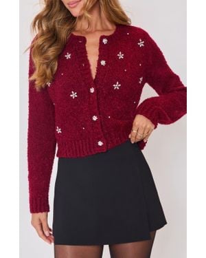 Vici Collection Escape Embellished Bouclé Cardigan - Red