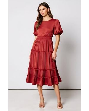 Modenaire Tiered Puff-Sleeve Shirred Elastic-Waistband Midi Dress