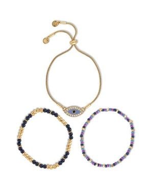 Jessica Simpson Color Beaded Bracelet Set With Evil Eye Charm, Boho Chic Stackable Bracelets - Metallic