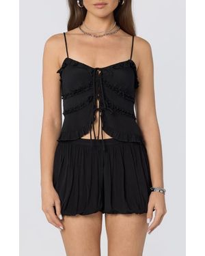 Astr Kailey Tie Front Ruffle Trim Top - Black