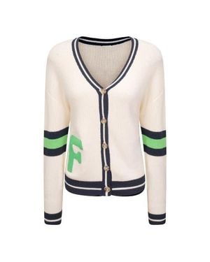 Faves Emblem Applique Striped Trim Knit Cardigan - Green