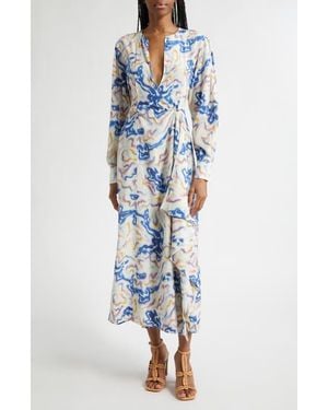 Ulla Johnson Adalyn Ikat Wave Print Long Sleeve Silk Crêpe De Chine Midi Dress - Blue
