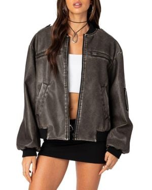 Edikted Vava Washed Faux Leather Bomber Jacket - Black