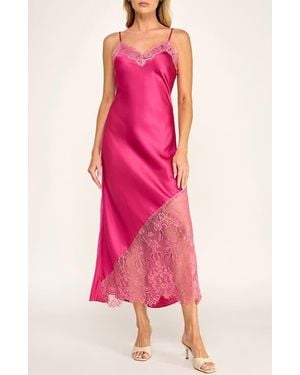 Socialite Lace Trim Satin Midi Slipdress - Pink