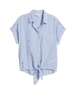 Beach Lunch Lounge Rosie Embroidered Tie Front Short Sleeve Button-Up Shirt - Blue