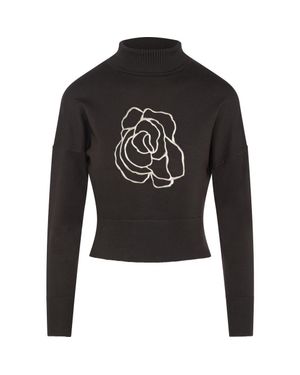 Versatile Cropped Embroidered Turtle Neck Knit Sweater - Black